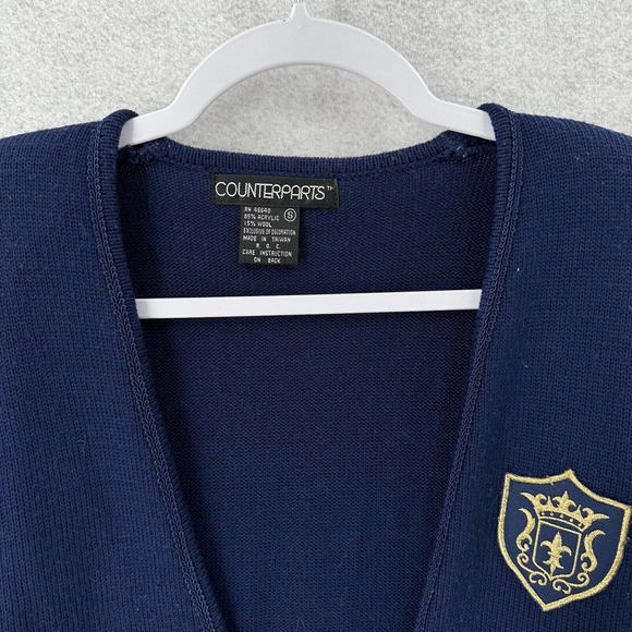 Vintage Counterparts Cardigan Sweater Womens SMALL‎ Navy Blue Crested Logo Wool - Picture 6 of 14